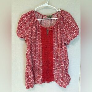 Nine West Vtg America Red/White Country Short Slv Shirt Blouse Knit Womens L